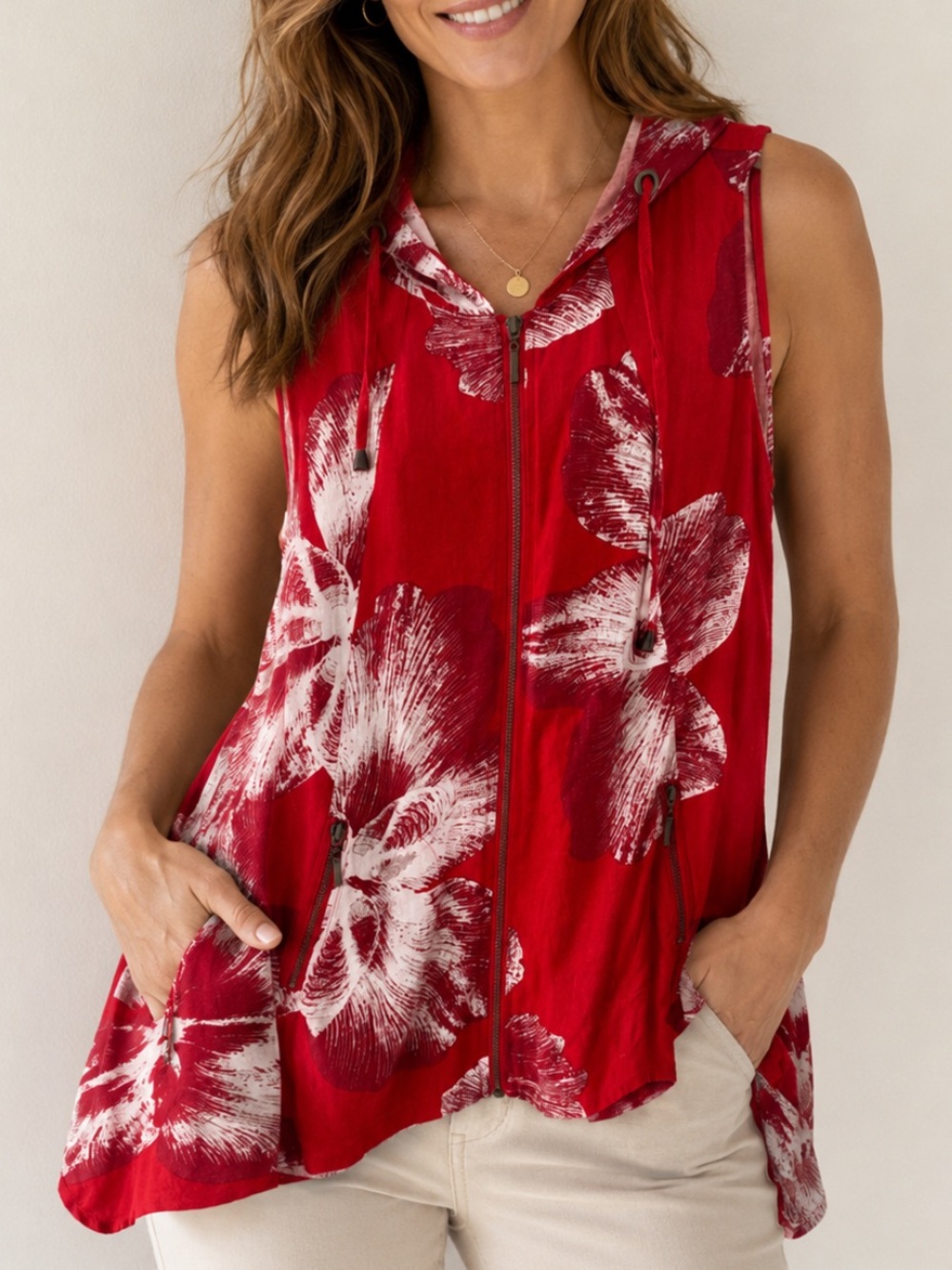 For Cynthia Womens Small Linen Blend Vest Jacket Sleeveless Zip Hooded Tropical